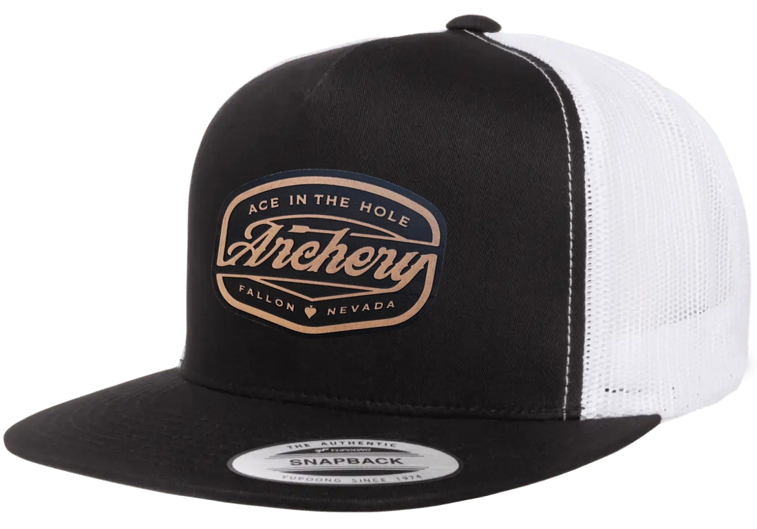 ARROW Leather Patch - Yupoong Flat Bill Trucker Cap - Black/White